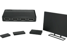 Charger l'image dans la galerie, Commutateur HDMI avec plusieurs appareils, dont une TV, un lecteur DVD et une console.