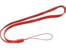 Charger l'image dans la galerie, Lanière rouge avec un système de sécurité et une boucle, posée sur un fond blanc.