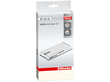 Charger l'image dans la galerie, Boîte de filtre HEPA AirClean 50 avec icônes d'allergie et de filtration. Marque Miele.