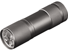 Charger l'image dans la galerie, Lampe de poche noire avec plusieurs lumières à l'avant, forme cylindrique, sur blanc.