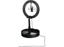 Charger l'image dans la galerie, Anneau lumineux noir avec support de téléphone, sur un pied, avec une base noire et un câble d'alimentation.