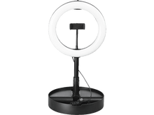 Charger l'image dans la galerie, Lampe annulaire avec support pour smartphone et base avec commandes.