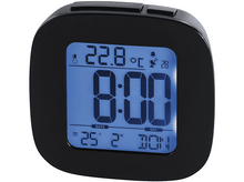 Charger l'image dans la galerie, Un réveil numérique noir avec un écran bleu affichant l'heure, la date et la température.