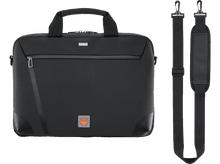 Charger l'image dans la galerie, Sacoche pour ordinateur portable noire avec bandoulière. Le sac a une poignée et une fermeture éclair.