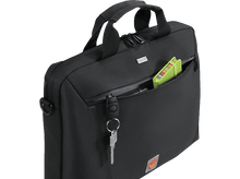 Charger l'image dans la galerie, Une mallette noire avec une poignée, une poche avant avec des objets et une clé qui pend.