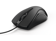 Charger l'image dans la galerie, Une souris d'ordinateur noire avec une molette et un câble de connexion.