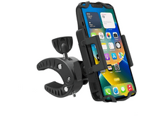 Charger l'image dans la galerie, Support de téléphone noir monté sur un guidon de vélo avec un smartphone.