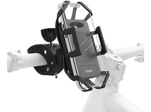 Charger l'image dans la galerie, Un support de téléphone monté sur un guidon de vélo. Le support est noir et gris avec un téléphone à l'intérieur.