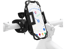 Charger l'image dans la galerie, Smartphone monté sur un guidon de vélo. Carte affichée à l'écran. Vélo noir et blanc.
