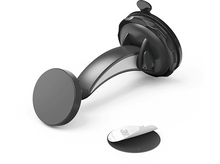 Charger l'image dans la galerie, Support de téléphone de voiture noir avec ventouse et plaque magnétique sur surface blanche. Ruban 3M visible.