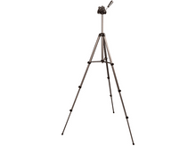 Charger l'image dans la galerie, Un trépied marron et argenté sur fond blanc. Il a trois pieds déployés et un support de caméra.