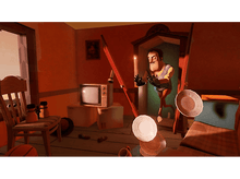 Charger l'image dans la galerie, Une scène d'un jeu vidéo, un homme avec une moustache dans une maison avec des objets qui tombent.