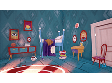 Charger l'image dans la galerie, Chambre à coucher de style cartoon avec un berceau, des images au mur et une petite table. Palette de couleurs bleue et violette.