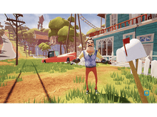 Charger l'image dans la galerie, Homme de dessin animé debout devant une maison avec une voiture rouge. Herbe verte et ciel bleu.