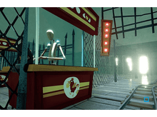 Charger l'image dans la galerie, Une figurine en bois derrière un comptoir dans un cadre industriel sombre. Feux rouges à droite.