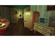 Charger l'image dans la galerie, Scène de chambre cosy avec réfrigérateur, micro-ondes et table.