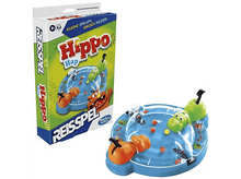 Charger l'image dans la galerie, Une boîte de jeu de société et le jeu, plateau bleu, hippopotames oranges et verts, boules rouges.