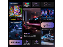 Charger l'image dans la galerie, Un écran de télévision affichant plusieurs fonctionnalités telles que l'image IA, le mode jeu et Dolby Vision.