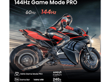 Charger l'image dans la galerie, Course de moto sur un écran, avec du texte sur les taux de rafraîchissement.