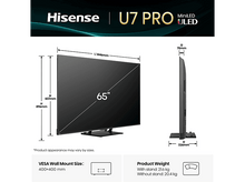 Charger l'image dans la galerie, TV Hisense U7 PRO. Affiche les dimensions du téléviseur, la taille du support VESA et le poids du produit avec et sans pied.