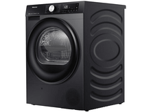 Charger l'image dans la galerie, Sèche-linge Hisense noir. Vue de face, montrant la porte, le panneau de commande et les panneaux latéraux.