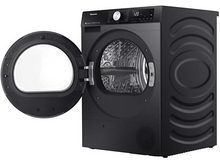 Charger l'image dans la galerie, Sèche-linge Hisense noir avec la porte ouverte, montrant le tambour et les commandes.