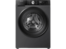 Charger l'image dans la galerie, Lave-linge Hisense noir, vue de face. Porte ronde, affichage numérique et panneau de commande.