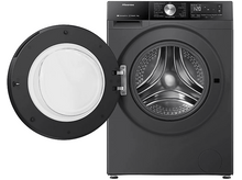 Charger l'image dans la galerie, Un lave-linge Hisense noir avec la porte ouverte sur fond blanc.