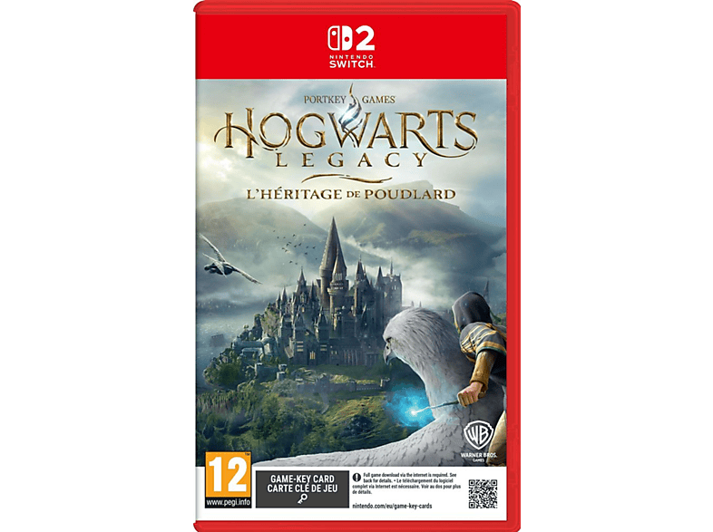 Jaquette du jeu Hogwarts Legacy. Un château, des personnages, avec une boîte de jeu rouge.