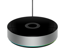 Charger l'image dans la galerie, Un appareil domestique intelligent noir et argent avec un anneau lumineux, suspendu.