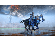 Charger l'image dans la galerie, Femme chevauchant une créature robotique ressemblant à un cheval à travers un paysage avec un volcan et de l'eau.