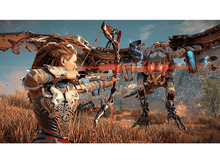 Charger l'image dans la galerie, Une femme vise un arc et une flèche sur une créature mécanique ressemblant à un oiseau dans un champ herbeux.