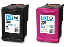 Charger l'image dans la galerie, Deux cartouches d'encre HP : noire et tricolore, étiquetées '301'.