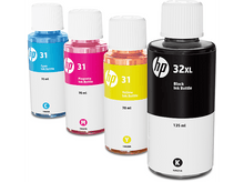 Charger l'image dans la galerie, Quatre bouteilles d'encre HP : cyan, magenta, jaune et noir, avec des bouchons et étiquettes blancs.