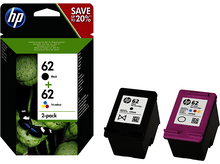 Charger l'image dans la galerie, Cartouches d'encre HP 62 2-pack, noir et tricolore, avec emballage montrant un papillon.