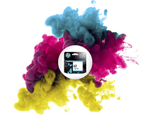 Charger l'image dans la galerie, Cartouche d'encre HP avec des nuages d'encre cyan, magenta et jaune.