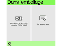 Charger l'image dans la galerie, Emballage HP avec icônes de chargeur et carte de garantie, texte en français et logo HP vert.