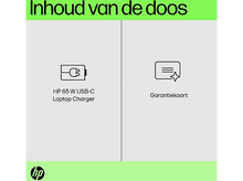 Charger l'image dans la galerie, L'image montre le contenu d'une boîte : chargeur HP 65W USB-C et carte de garantie.