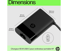 Charger l'image dans la galerie, Un chargeur HP noir avec des dimensions étiquetées. Le chargeur est sur fond blanc.