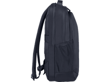Charger l'image dans la galerie, Sac à dos bleu foncé, vue latérale. Il possède une poche en filet et des bretelles rembourrées.