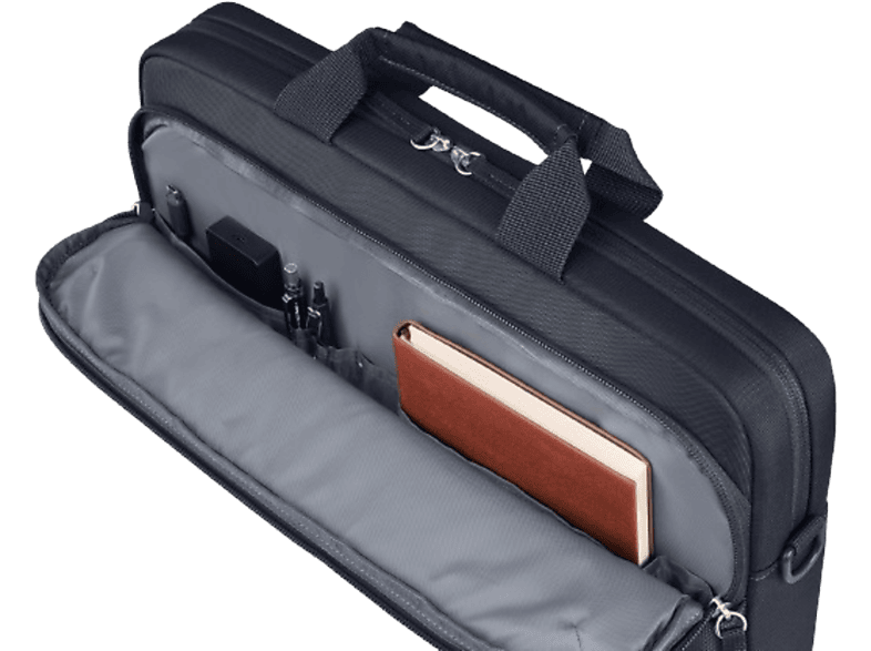 Mallette noire ouverte. À l'intérieur, un cahier marron, des stylos et un chargeur.