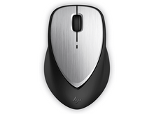 Charger l'image dans la galerie, Une souris d'ordinateur noire et argentée avec une molette noire et des boutons noirs.