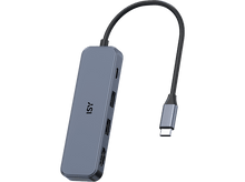 Charger l'image dans la galerie, Un hub USB-C ISY gris avec plusieurs ports et un câble noir.