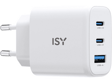 Charger l'image dans la galerie, Chargeur USB blanc avec trois ports. Ports USB-C et USB-A étiquetés. Fond blanc.