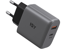 Charger l'image dans la galerie, Un chargeur ISY gris avec deux broches et un port USB-C, avec une marque de 65W.