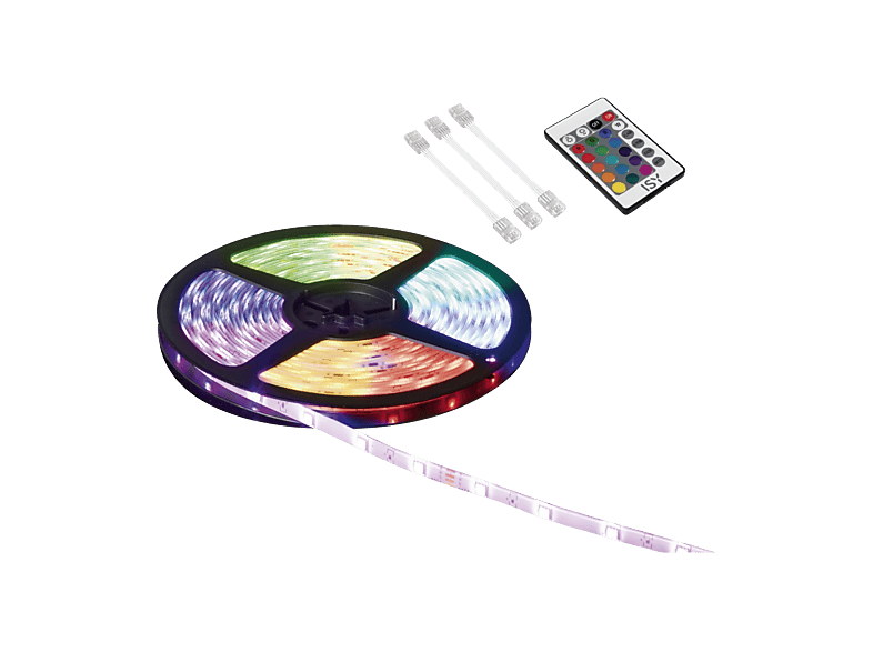 Bande LED RGB avec télécommande et connecteurs sur fond noir.