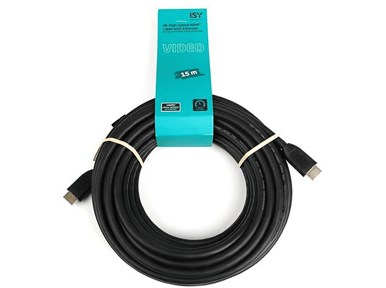 Câble HDMI noir enroulé, avec une boîte turquoise et le texte «VIDEO 15 m». Le câble est sur une surface blanche.