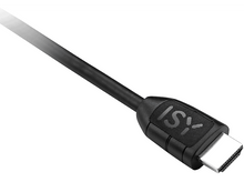 Charger l'image dans la galerie, Câble HDMI noir avec le logo ISY sur le connecteur, vue en angle, isolé sur fond blanc.