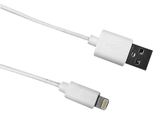 Charger l'image dans la galerie, Un câble blanc USB vers Lightning, sur fond blanc, avec des connecteurs USB et Lightning.