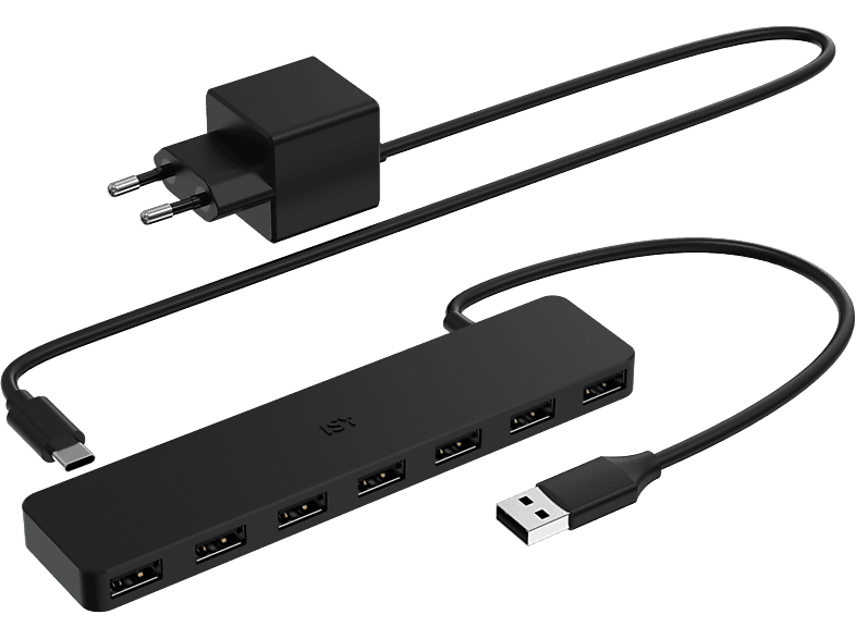 Hub USB et chargeur noirs. Le hub a plusieurs ports USB. Les deux ont des câbles noirs.